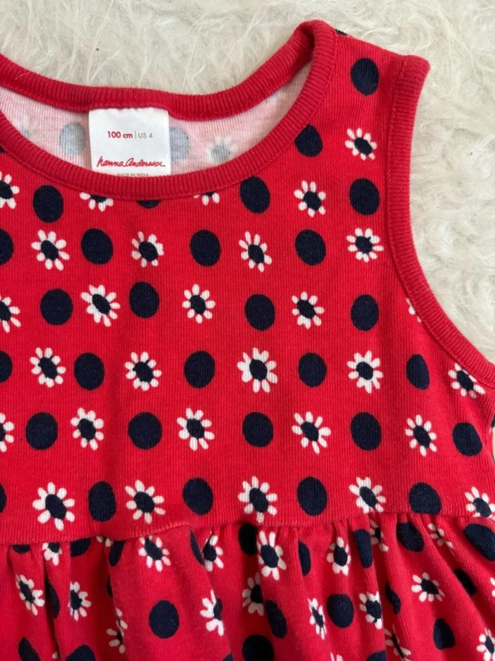Hanna Andersson Festive Red Sleeveless Dress with Navy Dots and White Flowers